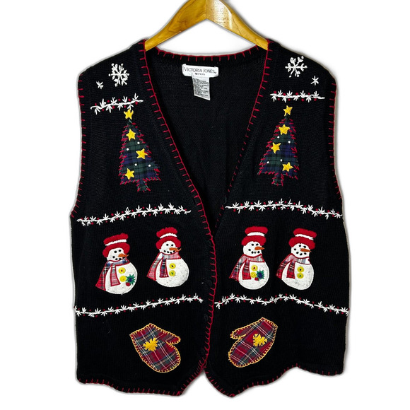 VTG Victoria Jones Women Black Embellished Christmas Full Zip Sweater Vest 2X - Picture 3 of 13